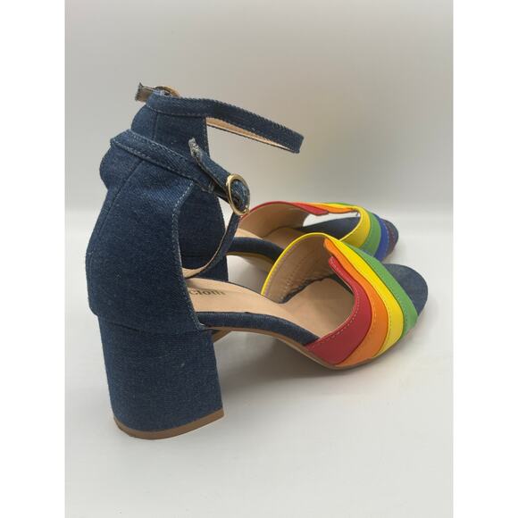 MODCLOTH Limitless Radiance Rainbow Denim Block Heel Ankle Strap Sandals Sz - Picture 5 of 8